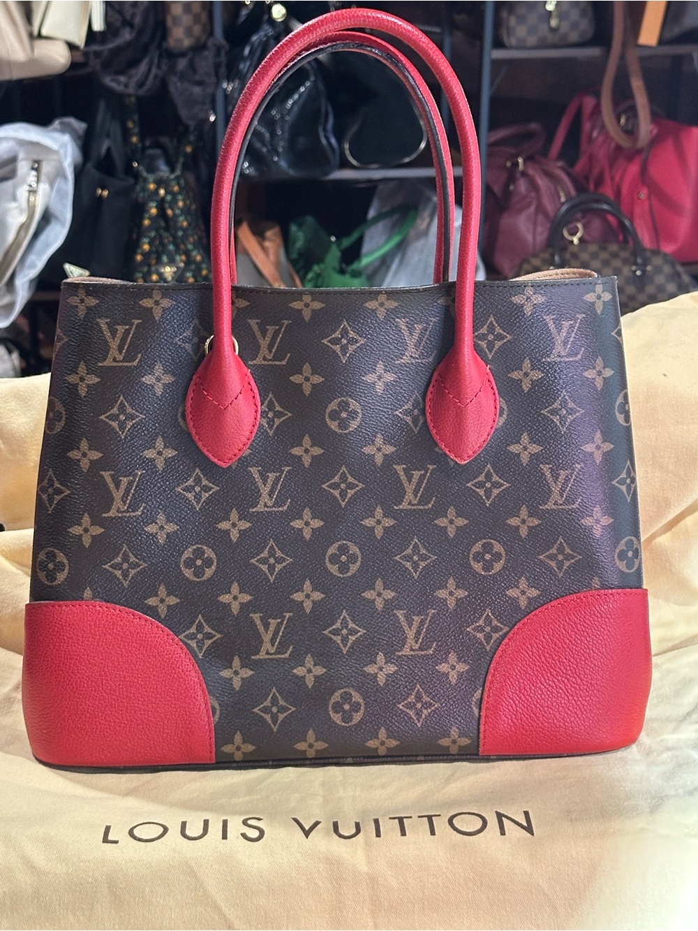 Louis Vuitton Monogram Canvas Flandrin Tote with Red Leather Accents 12x10.5” - Picture 2 of 6